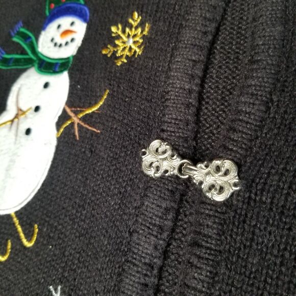 Crystal Kobe Snowman Skiing Ugly Christmas Cardigan Sweater Black Silver Medium - Picture 7 of 11